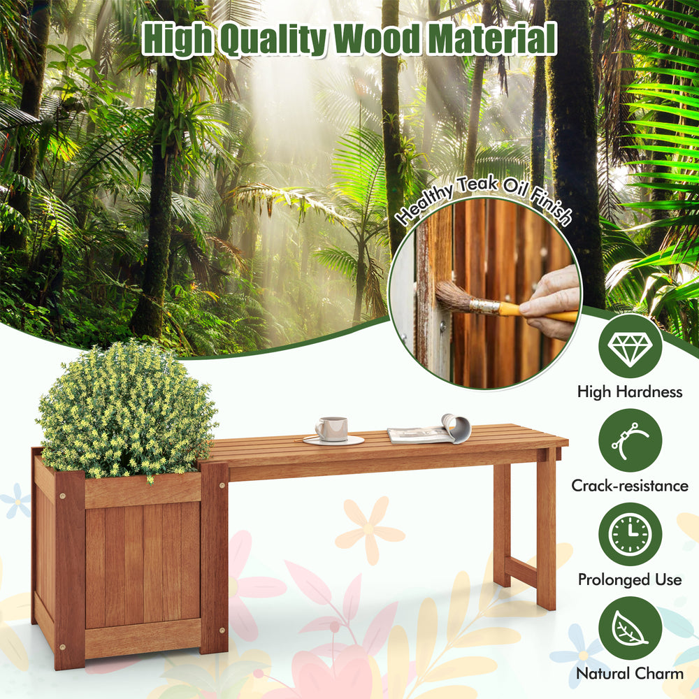 Teak oil finish raised garden bed wood planter box with bench, featuring high hardness and slatted seat for outdoor use.