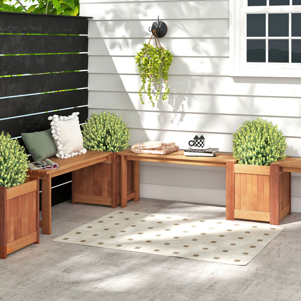 Teak oil finish raised garden bed with built-in bench, ideal for outdoor seating and plant display in gardens or.