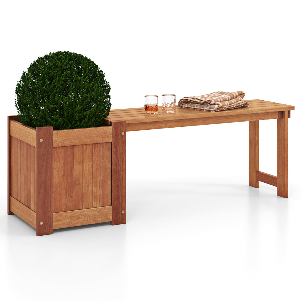 Teak oil finish raised garden bed with built-in bench, perfect for seating and plant display in gardens or balconies.