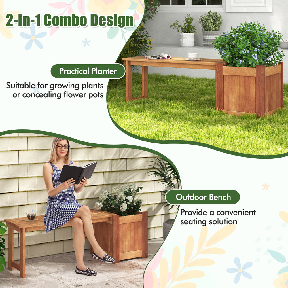 Teak oil finish raised garden bed with built-in bench, perfect for seating and growing plants in gardens or balconies.