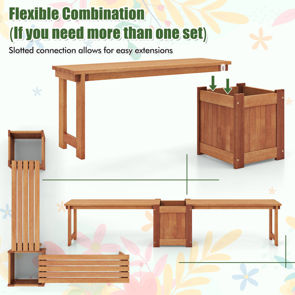 Teak oil finish raised garden bed with bench, featuring slatted seat and slotted connection for easy extensions. Ideal.