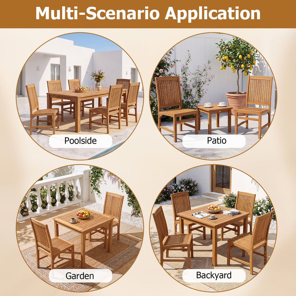 Teak wood armless dining chairs with slatted seats shown around tables in poolside, patio, garden, and backyard settings.