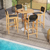 Teak wood bar stools with backrest and footrest, featuring durable PE rattan, ideal for indoor and outdoor use.