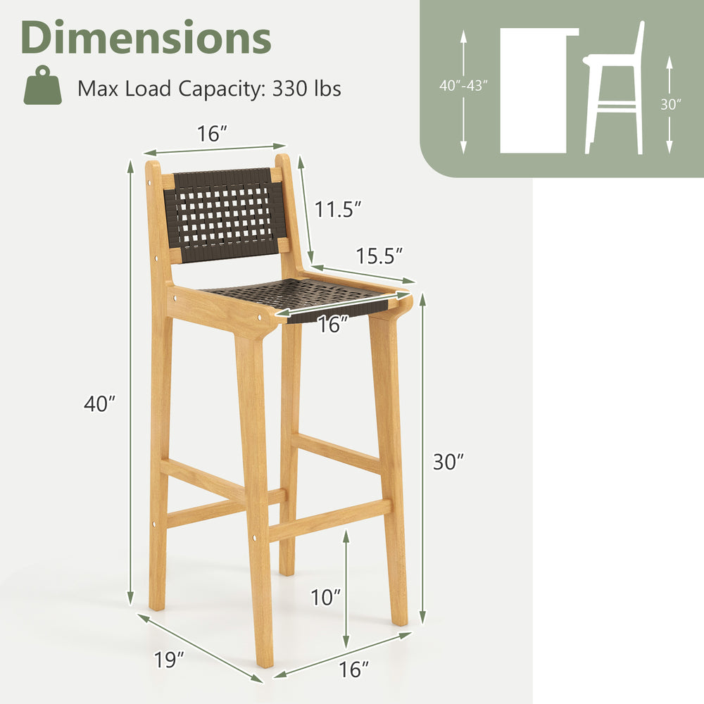 30-inch teak wood bar stool with backrest and footrest, featuring tear-proof PE rattan, ideal for indoor and outdoor.