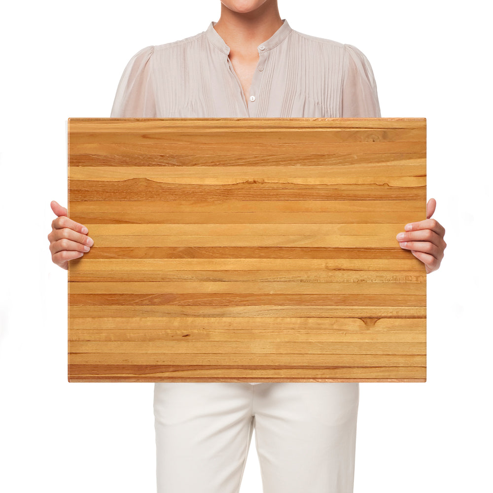 Extra large 24" teak wood cutting board with handles, reversible design for versatile kitchen use and effortless.