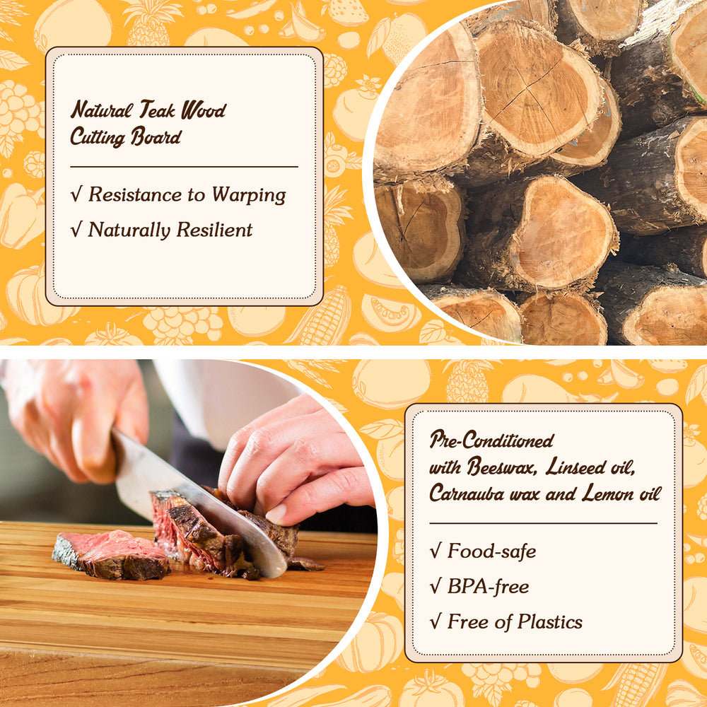 Extra large 24" reversible teak wood cutting board with handles, pre-conditioned for food safety and easy cleaning.