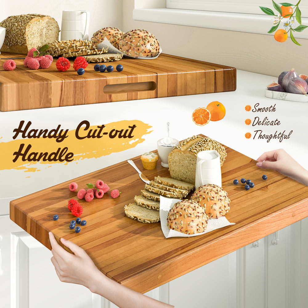 Extra large 24" teak wood cutting board with handy cut-out handle, perfect for serving and versatile kitchen use.