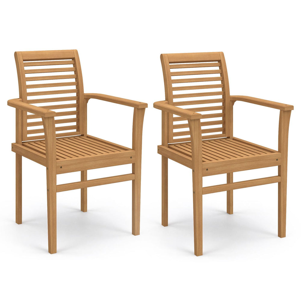 Set of 2 teak wood dining chairs with slatted seats and inclined backrests, shown at an angle for backyard dining.