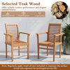 Pair of teak wood dining chairs with slatted seats and inclined backrests for backyard seating.