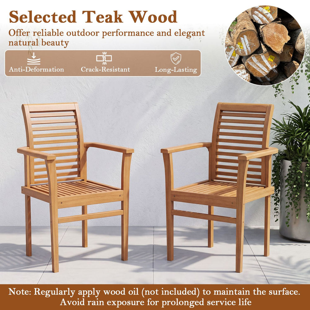 Pair of teak wood dining chairs with slatted seats and inclined backrests for backyard seating.