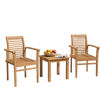 Teak wood dining chairs set of 2 with inclined backrests and slatted seats, shown with a matching table on a patio.