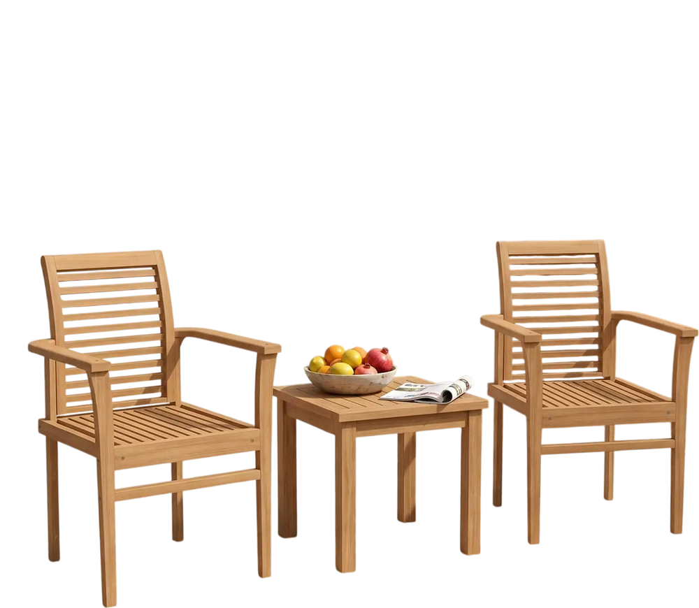 Teak wood dining chairs set of 2 with inclined backrests and slatted seats, shown with a matching table on a patio.