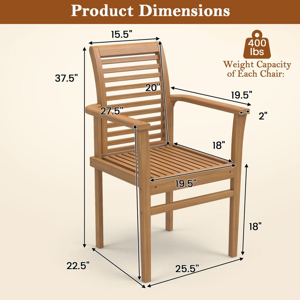 Teak wood dining chair shown with dimensions, inclined backrest and slatted seat in a natural teak finish.