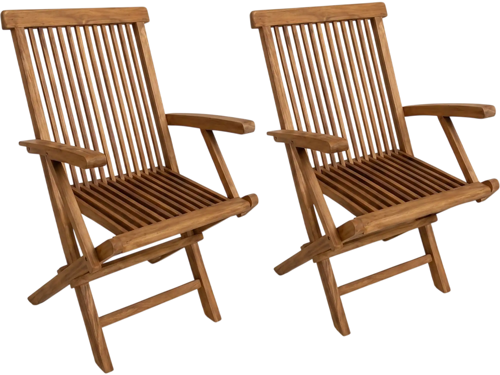 Teak wood folding dining chairs set of 2 features a breathable slatted seat and ergonomic backrest for outdoor comfort.