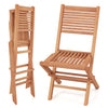 Teak wood folding patio chair with slatted seat, compact design for easy storage and portable use at outdoor gatherings.