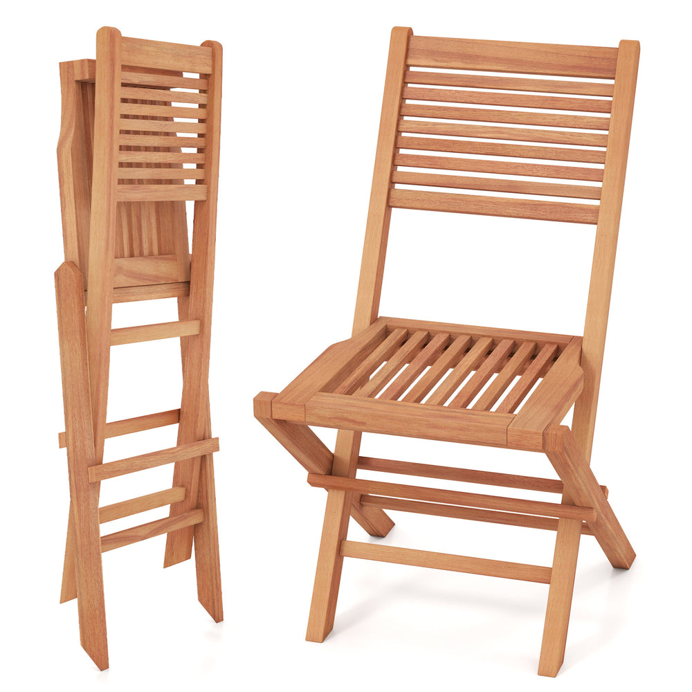 Teak wood folding patio chair with slatted seat, compact design for easy storage and portable use at outdoor gatherings.