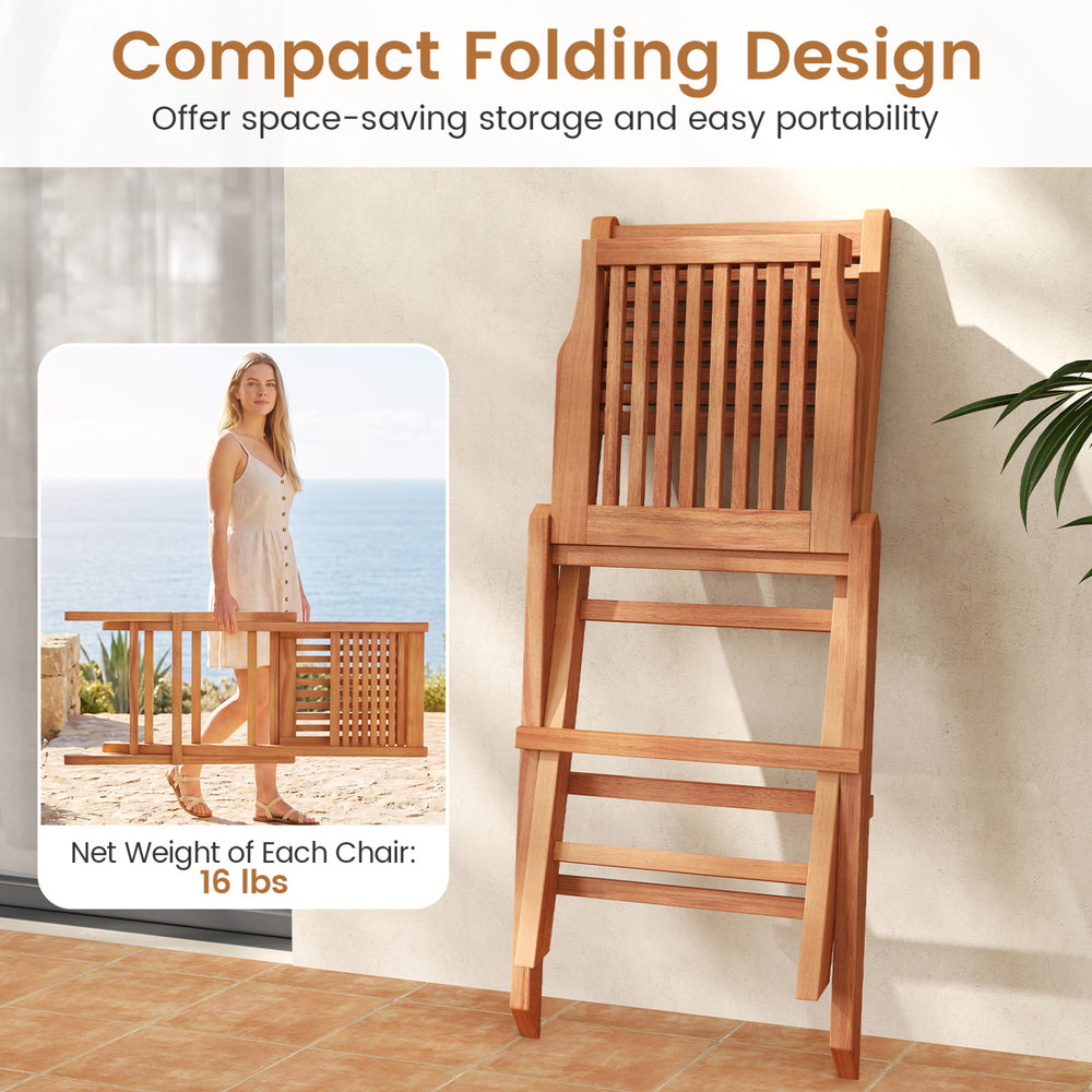 Teak wood folding patio chairs set of 2 features a compact design for easy storage and portability, ideal for outdoor use.