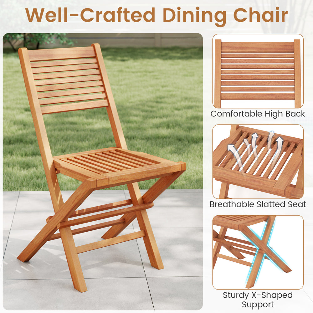 Teak wood folding patio chair features a breathable slatted seat and sturdy X-shaped support for outdoor dining comfort.