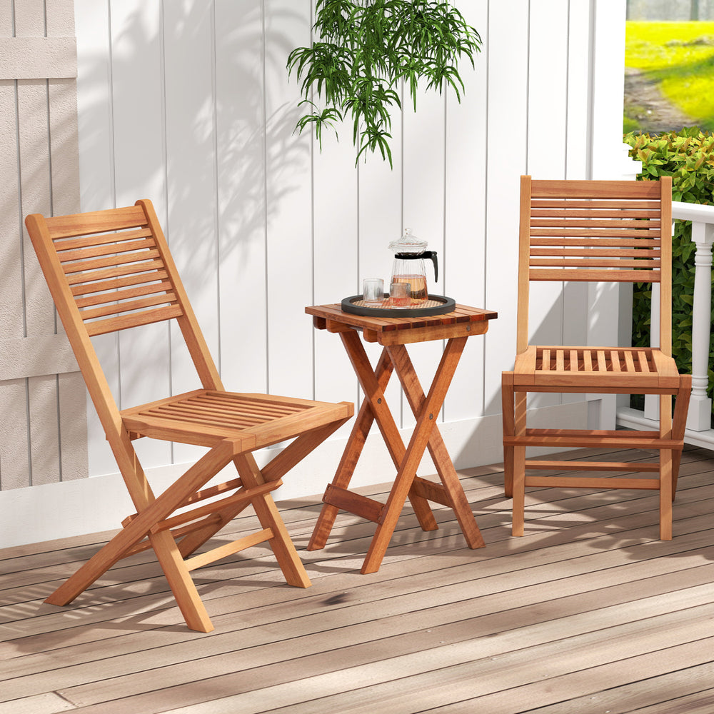 Teak wood folding patio chairs set of 2 with slatted seats, perfect for deck or backyard relaxation.