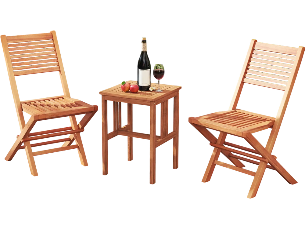 Teak wood folding patio chairs set of 2 with slatted seats, perfect for outdoor dining on the deck or backyard.