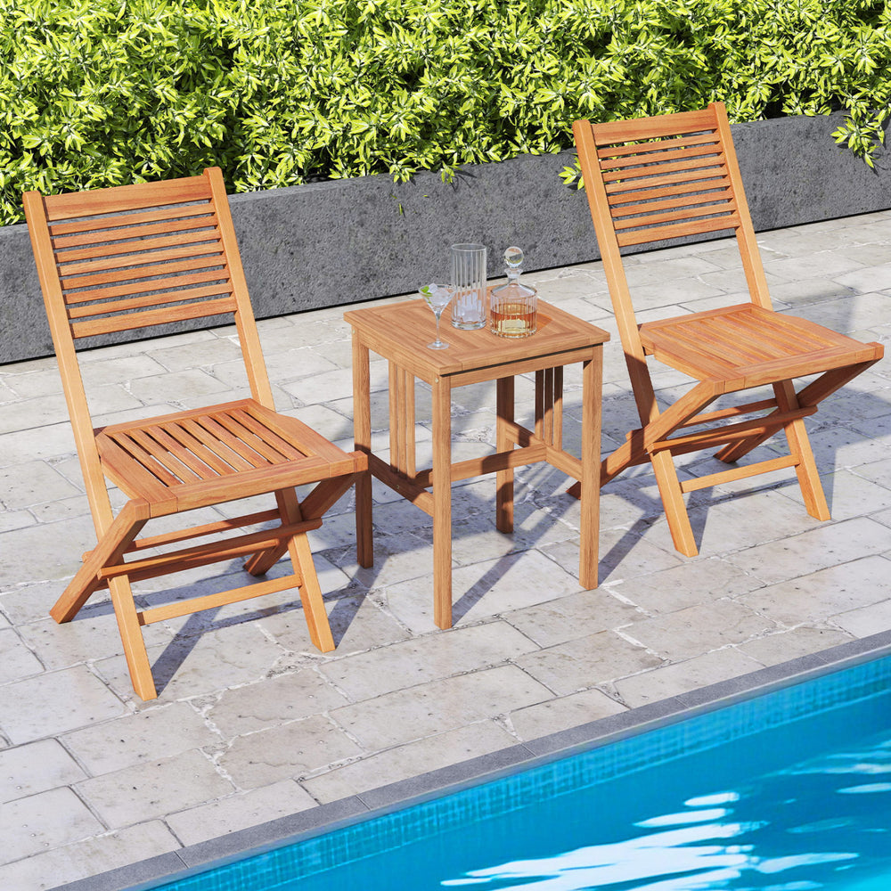 Teak wood folding patio chairs set of 2 with slatted seats, perfect for poolside relaxation and easy storage.
