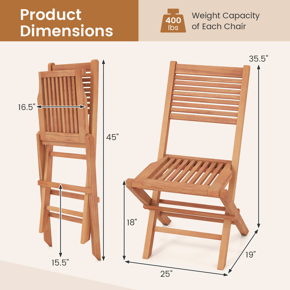 Teak wood folding patio chair with slatted seat, ergonomic design, and compact storage for outdoor dining or relaxation.