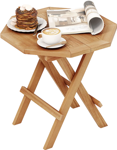 Costway Teak Wood Octagon Outdoor Coffee Table X-Shaped Legs Slatted Top 14576328 New