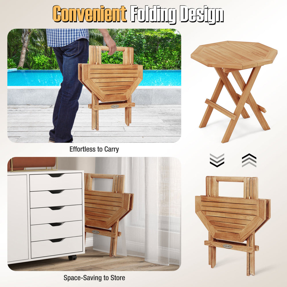 Teak wood octagon coffee table with slatted tabletop, featuring a folding design for easy storage and portability.