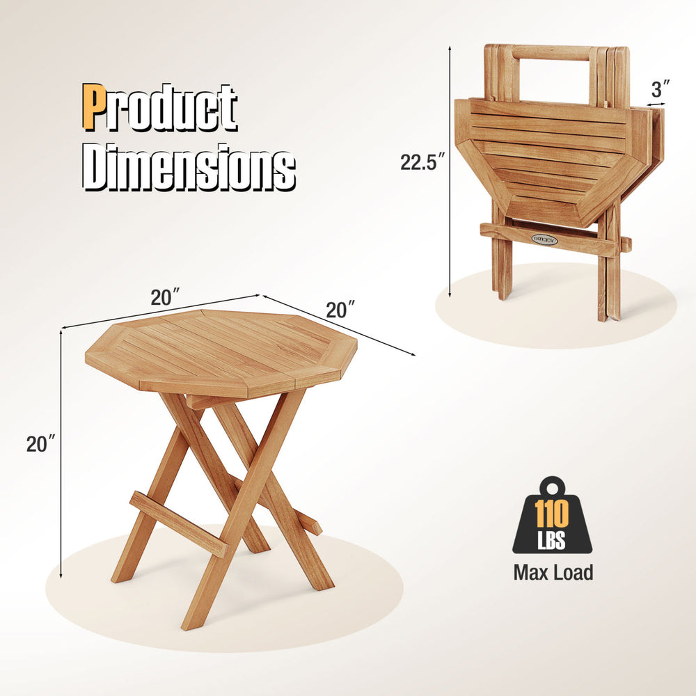 Teak wood octagon coffee table dimensions with X-shaped legs, slatted tabletop, and compact foldable design for easy.