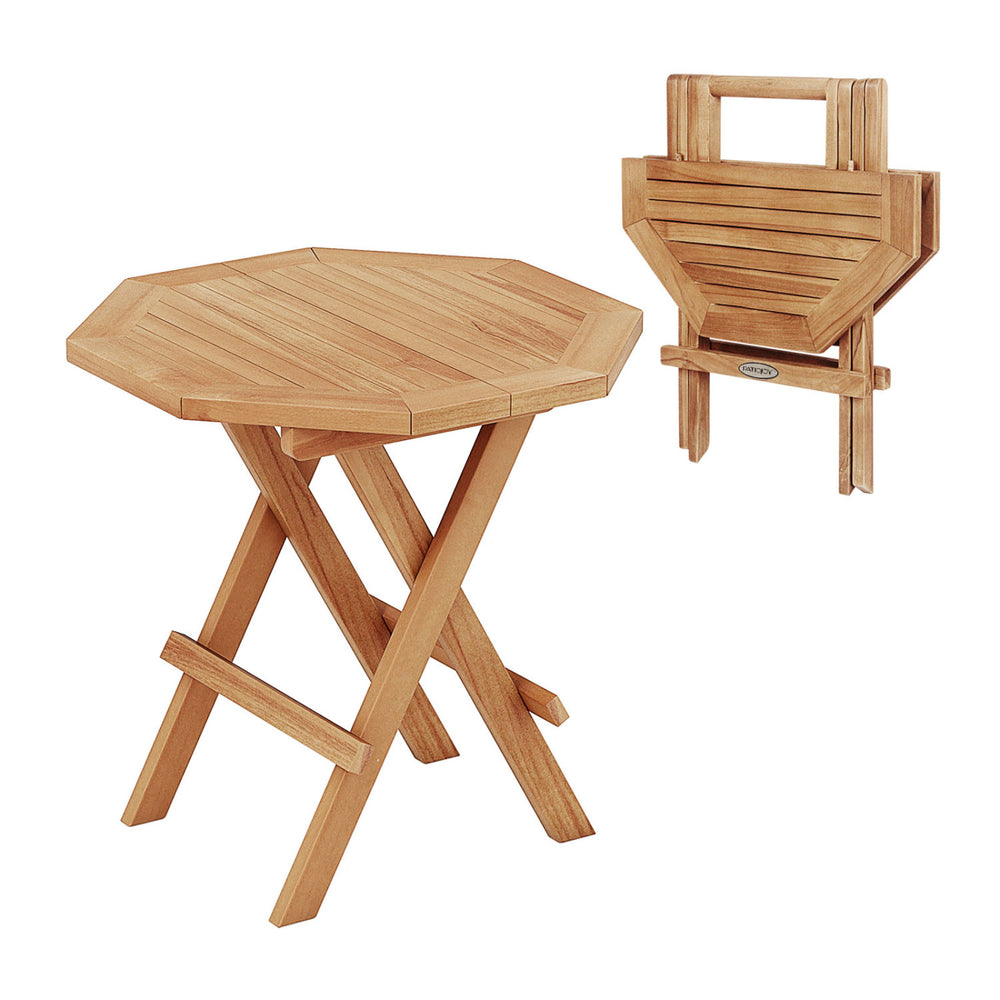 Teak wood octagon coffee table with slatted top and X-shaped legs, perfect for camping and backyard use.