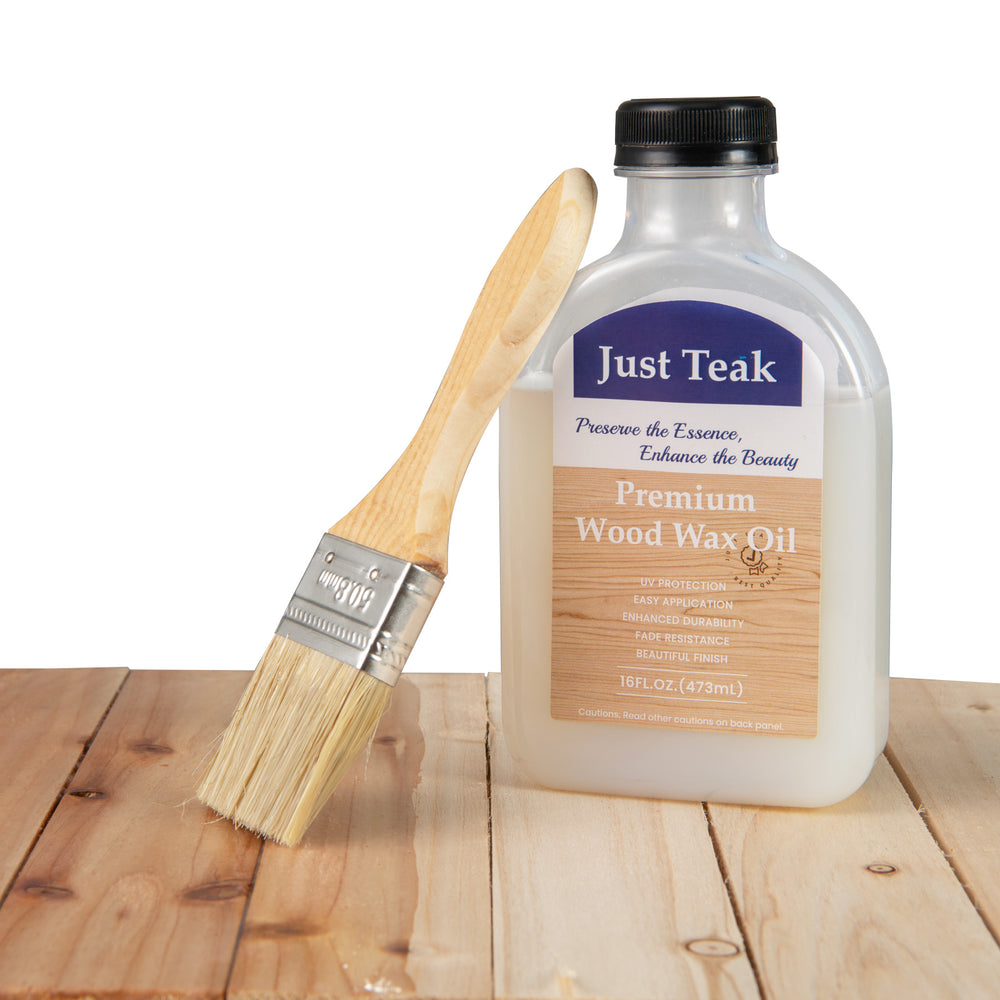 Wood Wax Oil bottle with brush for teak care, enhances wood grain and provides sun protection for outdoor furniture.