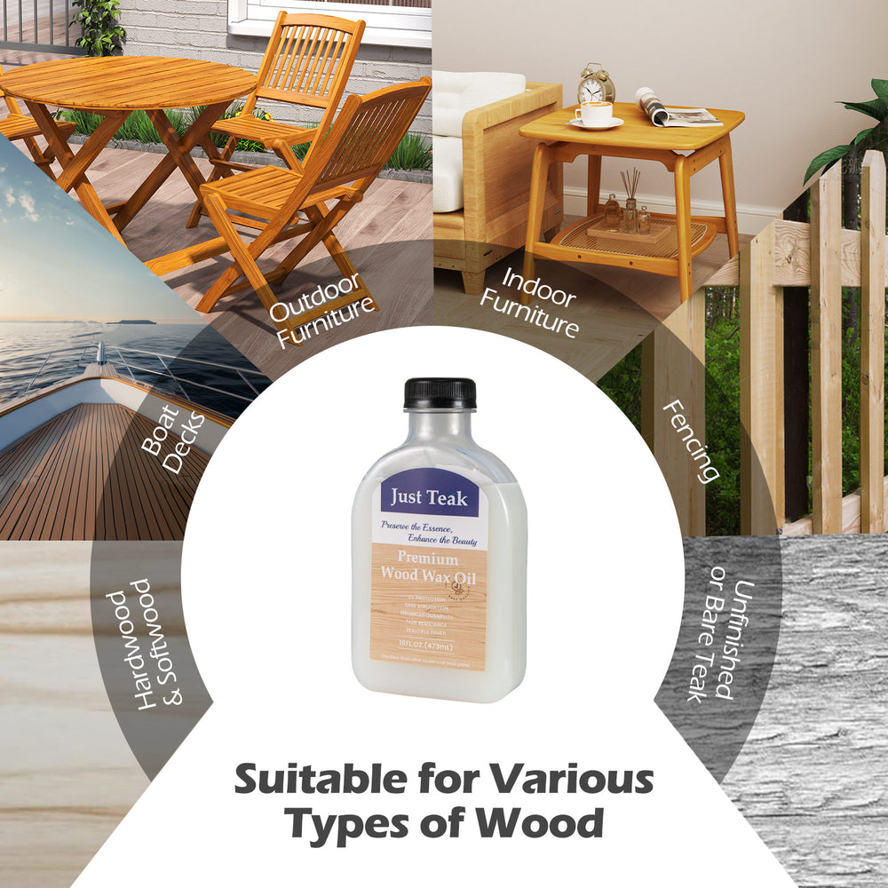 Wood Wax Oil for restoring and protecting outdoor and indoor furniture, suitable for various wood types and easy.
