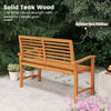 Teak wood outdoor garden bench with slatted backrest, splinter-free surface, perfect for patio or backyard seating.