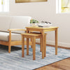 Teak wood nesting tables with natural texture, perfect for versatile arrangements in living rooms or outdoor patios.