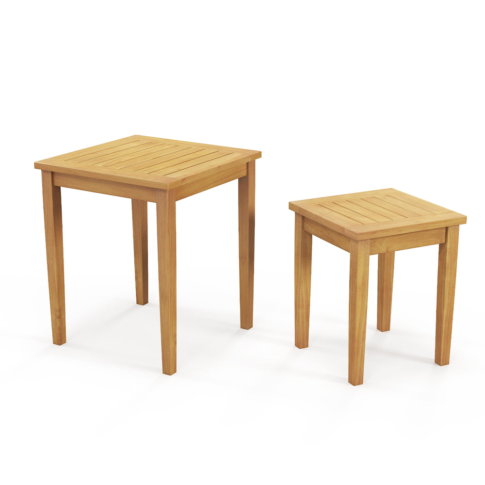 Teak wood outdoor patio nesting tables in a space-saving design, showcasing natural wood texture for versatile.