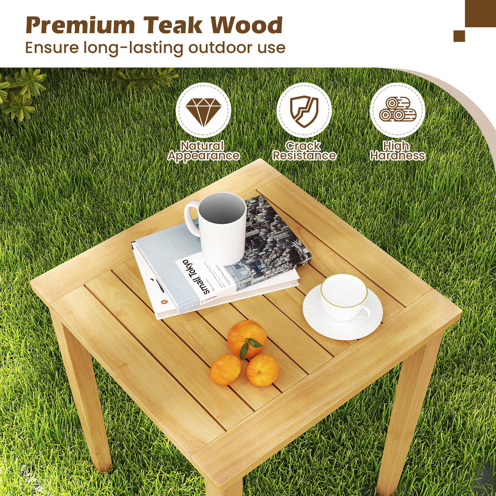 Teak wood outdoor patio nesting table showcasing natural texture, ideal for versatile arrangements in backyard or.