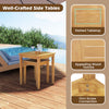 Teak wood outdoor patio nesting tables with slatted tabletop, showcasing elegant natural texture for versatile.