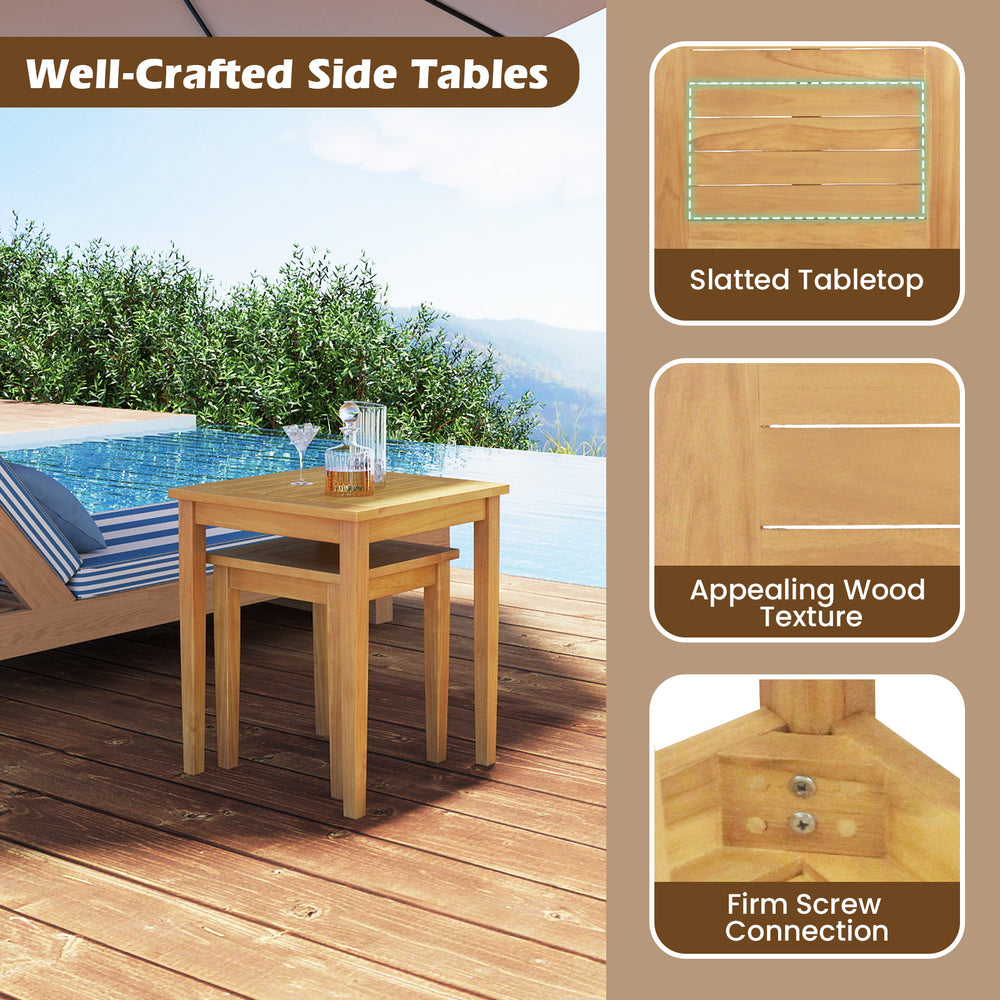 Teak wood outdoor patio nesting tables with slatted tabletop, showcasing elegant natural texture for versatile.