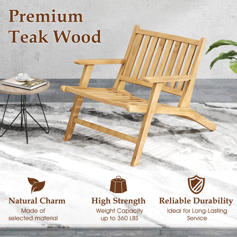 Teak wood outdoor reclining chair with smooth edges, offering durable comfort and style for any outdoor space.