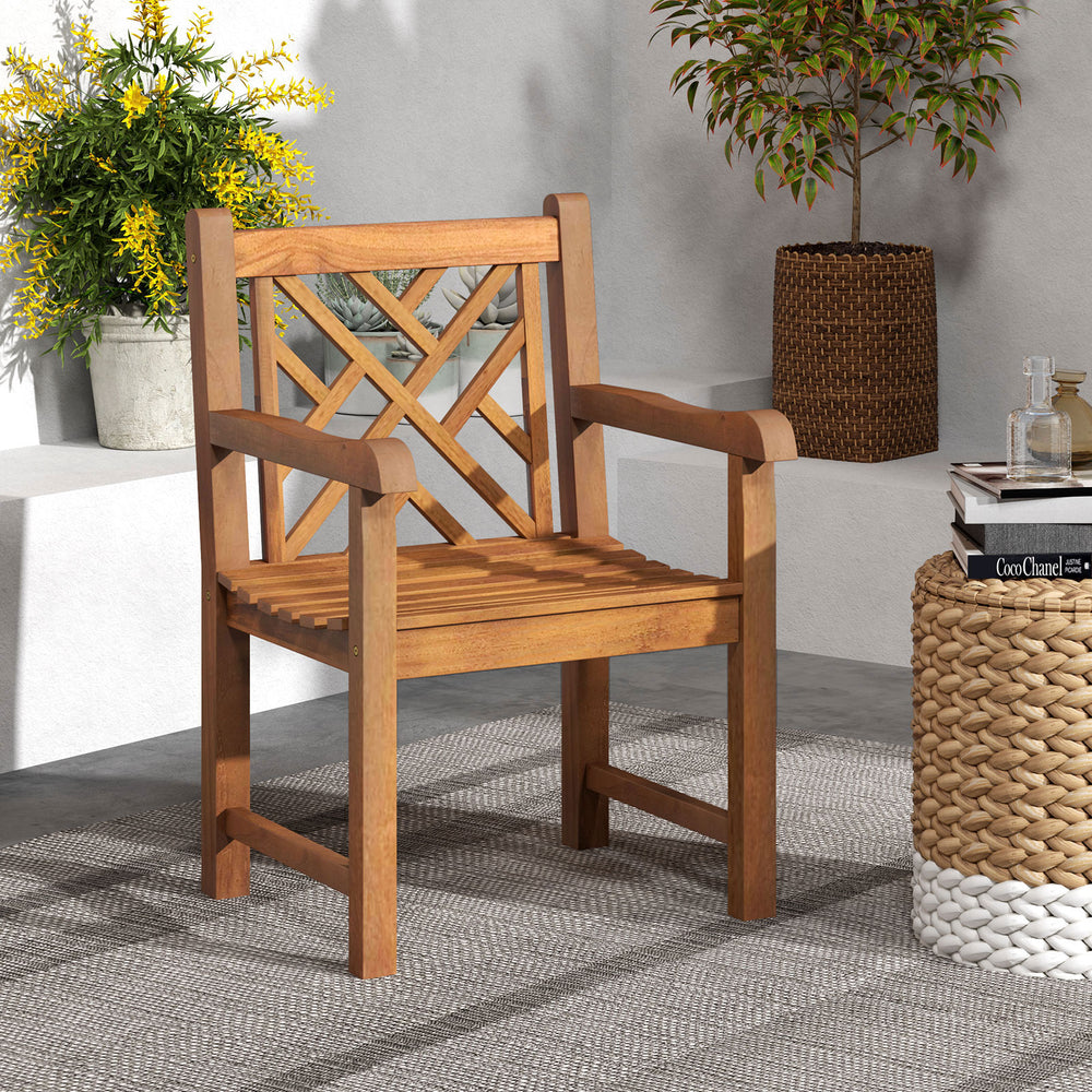 Teak wood patio dining chair with slatted seat and cross-rhombus backrest, ideal for outdoor seating.