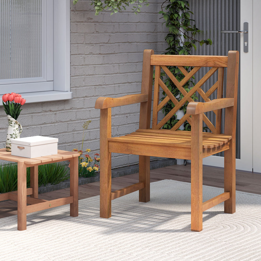 Teak wood patio dining chair with slatted seat and cross-rhombus backrest, ideal for outdoor relaxation.