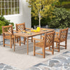 Teak wood patio dining chairs with slatted seats and cross-rhombus backrests, perfect for outdoor dining.