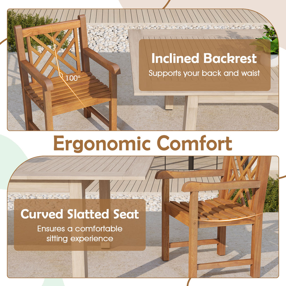Teak wood patio dining chair with slatted seat, inclined backrest, and ergonomic armrests for comfortable outdoor.