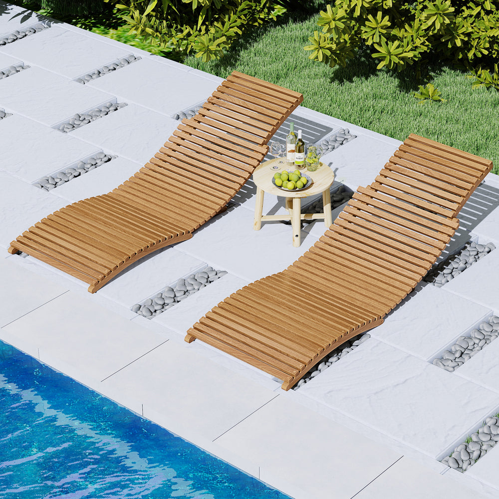 Teak wood folding chaise lounge chairs with slatted seats, perfect for poolside relaxation and outdoor comfort.