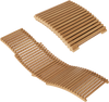 Teak wood folding chaise lounge chair with slatted seat, ergonomic curve for comfort, perfect for outdoor relaxation.