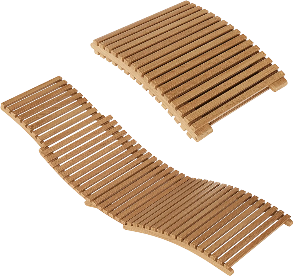 Teak wood folding chaise lounge chair with slatted seat, ergonomic curve for comfort, perfect for outdoor relaxation.