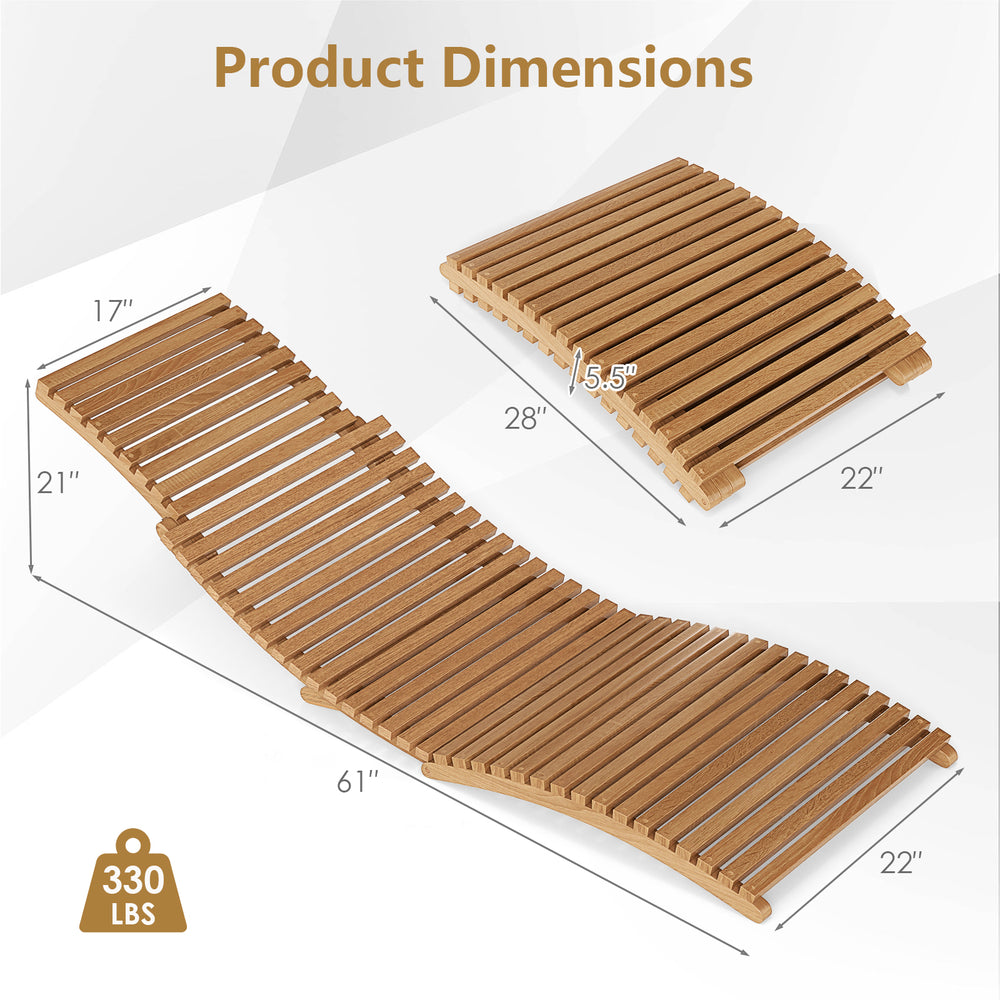 Teak wood folding chaise lounge chair dimensions showing slatted seat design, ideal for outdoor relaxation and storage.