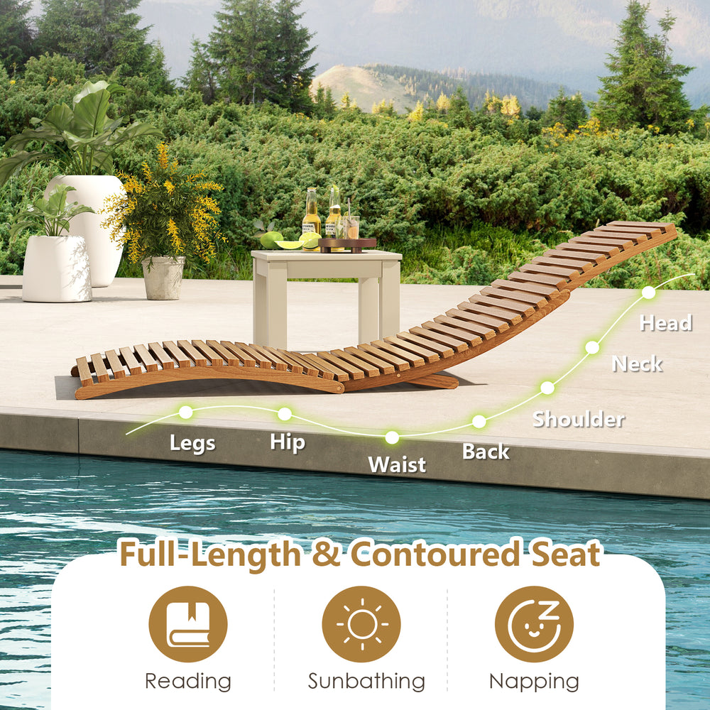 Teak wood patio folding chaise lounge chair with slatted seat, ergonomic design for sunbathing and relaxation by the.
