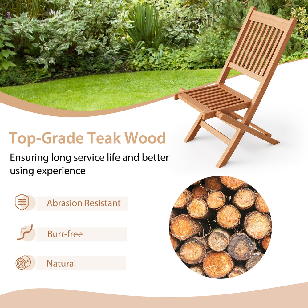 Teak wood patio folding dining chair with slatted seat, lightweight and elegant for backyard or poolside use.