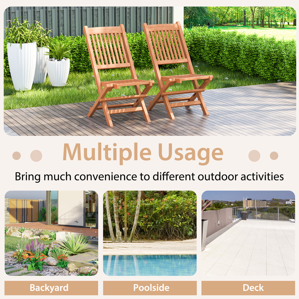 Teak wood folding dining chairs with slatted seat, ideal for backyard, poolside, or deck use, showcasing natural.